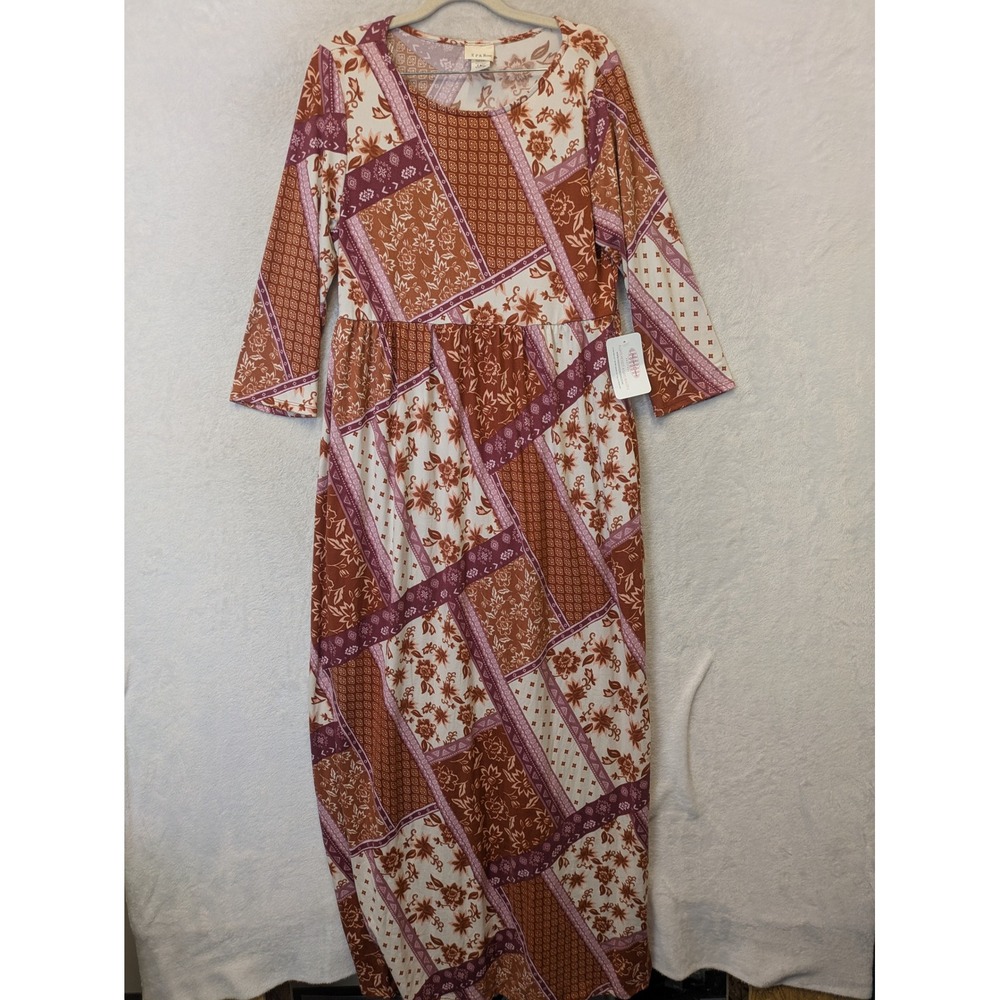 NEW P & Rose Maxi Dress Women's L Rust Paisley Patchwork Modest Boho